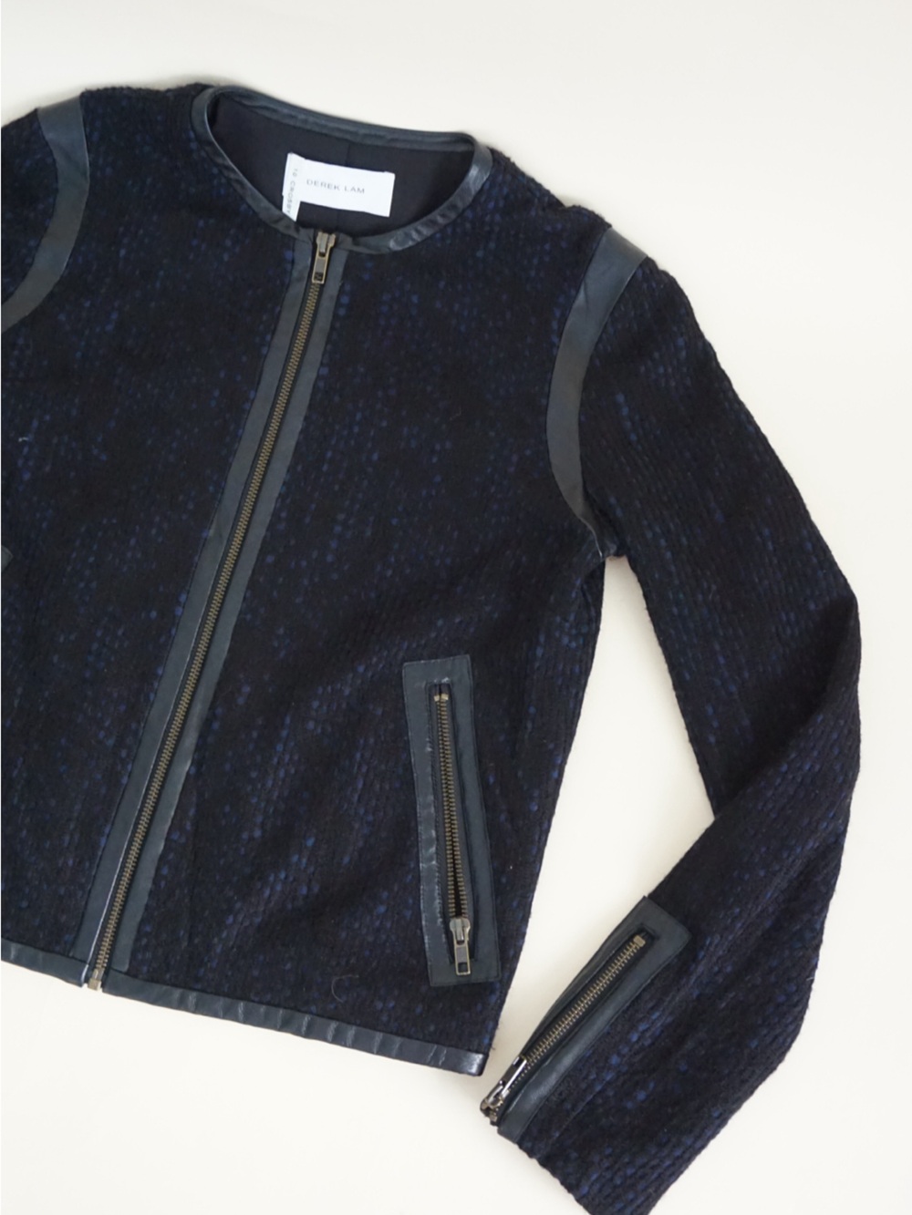 10 Crosby Derek Lam Navy/Black Wool Tweed Lambskin Leather Trim Moto Jacket - 2